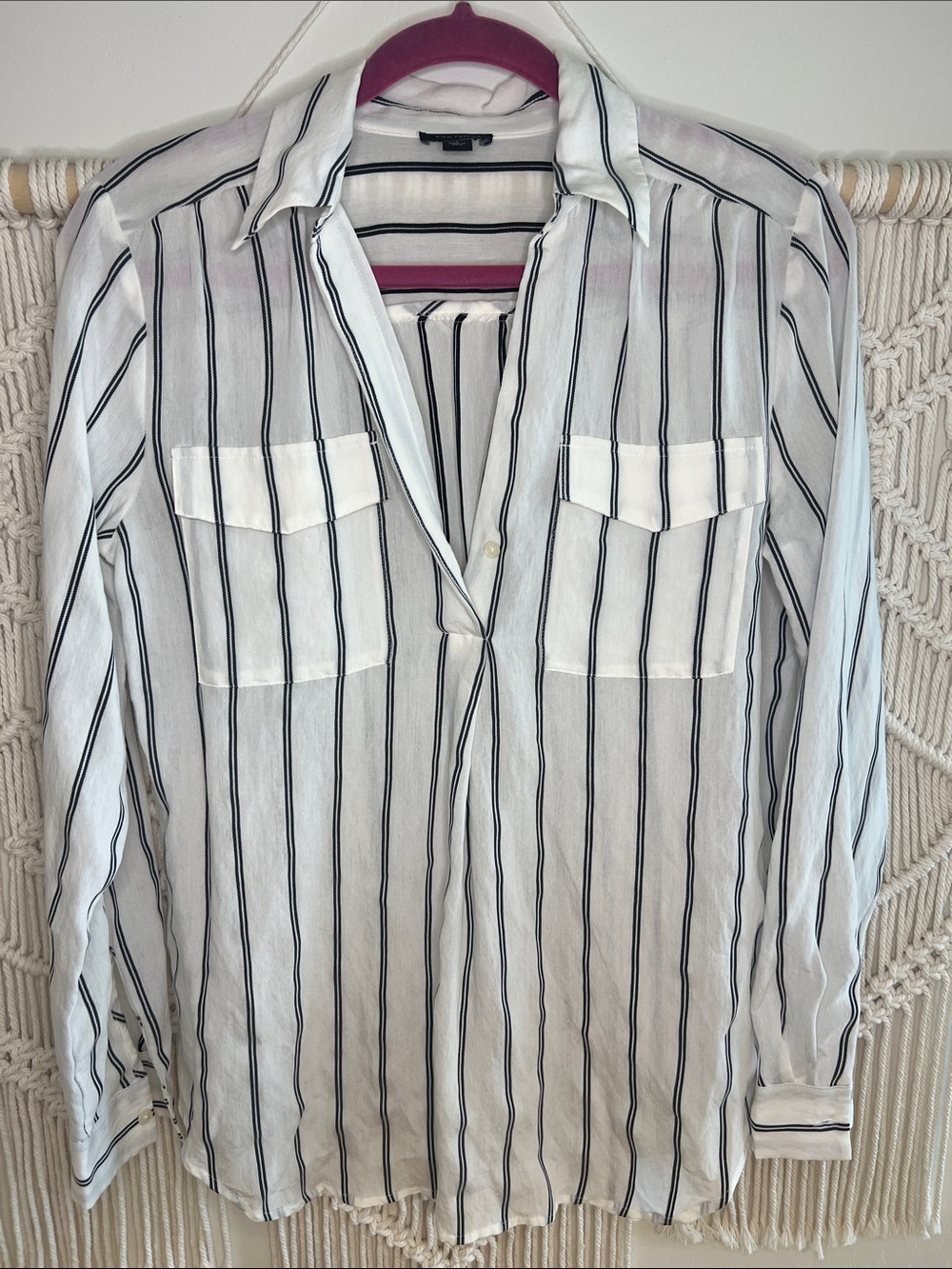 Ann Taylor White Shirt with Navy Vertical Stripes